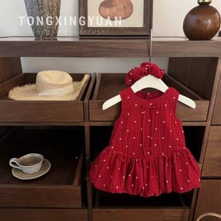 Free Headband Summer New Baby Girl Sweet Red Cute Dress Birthday Bud Princess Dress Vest Skirt