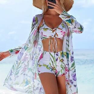 European and American Cross-Border New Three-Piece Bikini Women's Swimsuit Split Mesh Sun Protection Fashionable Beach Swimwear Bikini