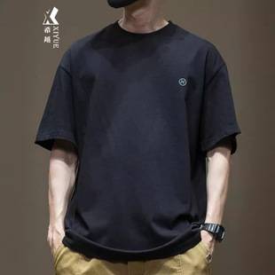 Trend 280g heavy cotton short sleeve T-shirt men's 2025 new summer embroidery loose plus size men's half sleeve shirt