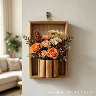 Natural Wood Wall Art Decoration, Wall-Mounted Flower Arrangement, Artificial Flowers and Green Plants, Wall Hanging Ornaments, Living Room Wall Decor, Cover-Up Wall Hangings
