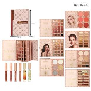 7-page book-style eyeshadow palette with pearlescent and matte eyeshadow, highlighter, blush, contour, concealer, lip color, multifunctional eyeshadow makeup