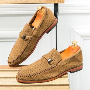Genuine Leather Large Size Beanie Shoes Business Loafers Men's Perforated Breathable Slip-On Leather Shoes Men's British Formal Lazy Leather Shoes