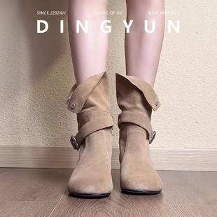 Soft Leather Version ~ New Fashionable Niche Design Inner Heightening Western Boots Women's Belt Buckle Two-Wear Nubuck Leather Short Boots