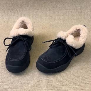 In-Stock Fleece-Lined Lace-Up Loafers for Women, Retro Thick-Soled Warm Wool Lamb Leather Shoes, Non-Slip Commuter Snow Shoes for Women