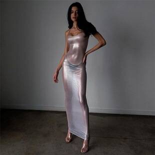 European and American Style Slim-Fit 2024 New Hot Girl See-Through Spring/Summer Nightclub Fashion Women's Clothing with Silver Foil Sexy Spaghetti Strap Dress