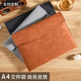 A4 Leather File Storage Bag Briefcase Simple Retro Single Layer Thickened Waterproof Large Capacity Business Meeting Bag