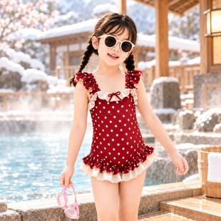 Girls' One-Piece Swimsuit, Burgundy Polka Dots, Flutter Sleeves, Ruffles, Anti-Exposure Baby Swimsuit