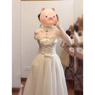 Rich Girl Style Mesh Patchwork Off-Shoulder Dress with a Gentle and Elegant Vibe, Waist-Cinching Birthday Gown for Summer