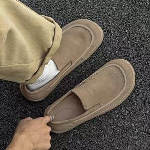 2026 Spring and Autumn New Thick-Soled Elastic Slip-On Loafers for Men, Yellow Retro Suede British Style Birkenstock Shoes