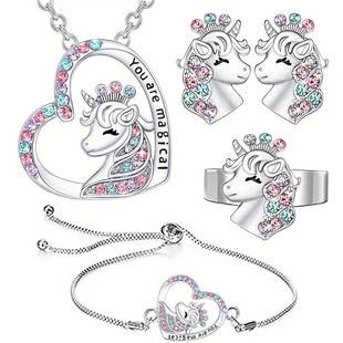 Cross-border hot sale New unicorn suit necklace colorful gem pendant bracelet ring earrings factory direct sales