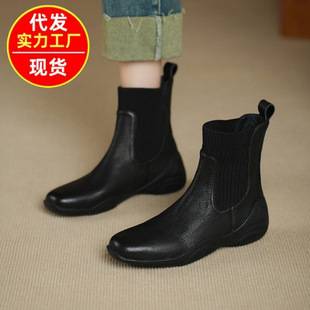 Foreign Trade Cross-Border Soft-Soled Short Boots, Autumn and Winter Fashion Boots, Soft Leather Elastic Sock Slim Boots, Comfortable Chelsea Short Boots for Women