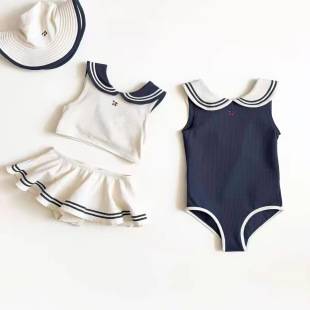 Children's Swimwear 2026 Nordic New Style Baby One-Piece Swimsuit Summer Girls' Navy Style Two-Piece Swimsuit