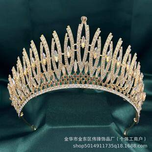 European and American Style Elegant Bridal Crown, Women's Queen Crown, Handmade Diamond-Encrusted Crystal Rhinestone Wedding Gold Crown