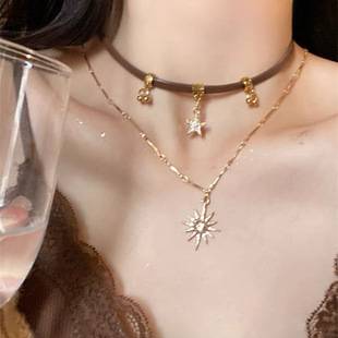 Sweet Cool Spice Girl ~ Double Layer Stacked Sunflower Brown Leather Necklace Women Choker Niche Design Collarbone Necklace