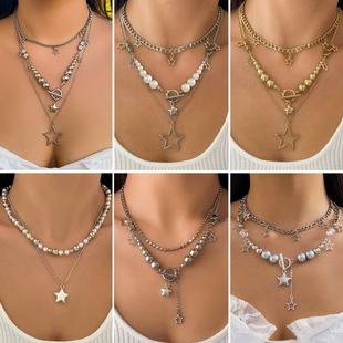 European and American Cross-Border Jewelry, Baroque Five-Pointed Star Pendant Necklace, Personalized Creative Stacking Style Multi-Layer Necklace for Women