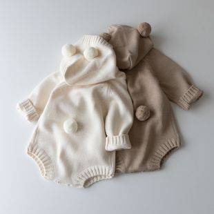 26 Spring New Korean Style Baby Romper Ins Style Bear-Shaped Children's Knitted Sweater Baby Jumpsuit