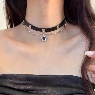 Black Diamond-Encrusted Five-Pointed Star Tassel Necklace Women's Choker Sweet and Cool Sexy Niche Design Trendy and Cool Clavicle Chain Accessories