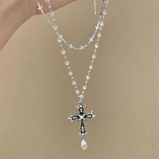 Sweet and Cool Girl Dark Cross Pendant Double-Layer Stacked Necklace Female Niche Stylish Elegant Versatile Clavicle Chain