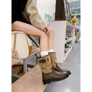 In-stock ultra-soft cowhide vintage women's riding boots 2026 new model mid-calf Martin boots with belt buckle and internal height increase