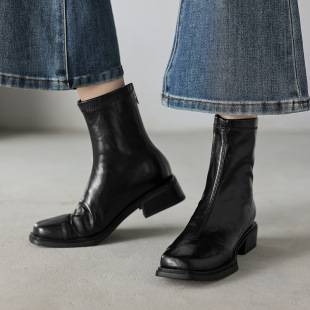 Soft Cowhide ~ Chelsea Boots Short Boots Women's Genuine Leather Square Toe Boots Women's Black Flats Slim Boots Fashion Boots