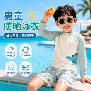 Boys' Swimwear Children's Two-Piece Long-Sleeve Sun-Protection Quick-Dry Set Baby Dinosaur Swimsuit Boys' Boxer-Style Hot Spring Swimwear