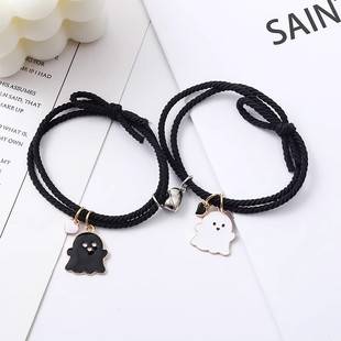 Black and White Ghost Bracelet Hair Rope Dual-Purpose Couple Rubber Band Pair for Boyfriend Heart Magnet Attraction Hand Rope Head Rope