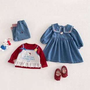 Girls' Cat Dress 2026 New Spring Stylish Square Collar Patchwork Denim Dress for Babies and Children Soft Dress