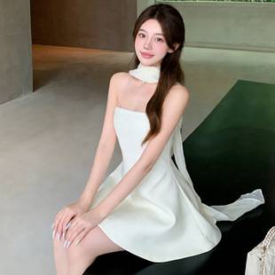 French-Style Elegant White Strapless Dress with Ribbons, Socialite Temperament, Off-Shoulder Engagement Dress, Annual Party Short Dress