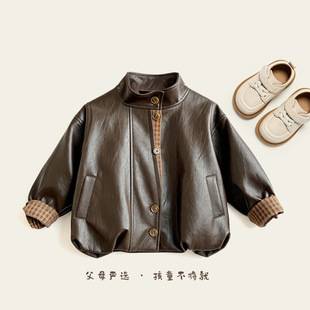2026 Spring/Autumn New Collection: Boys' Plaid Patchwork Jacket with Stylish Placket Design, Retro Old Money Style Leather Jacket for Kids and Babies