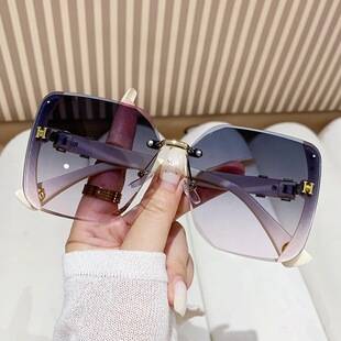 Large-frame cut-edge square sunglasses for women, glittery starry sky design, H-brand high-end casual versatile metal women's sunglasses
