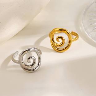 European and American New Fashion Light Luxury Stainless Steel Threaded Ring Gold Open Circular Swirl Ring Cross-Border Wholesale for Women