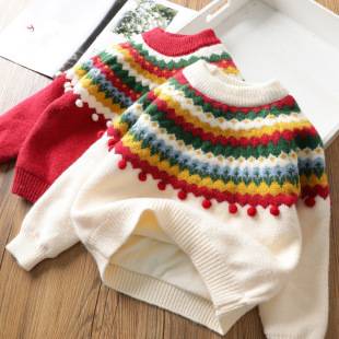 Christmas and New Year Sweater Girls Retro Plush Sweater Autumn and Winter New Children's Baby Thickened Jacquard Sweater