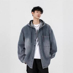 Spring and Autumn American Retro Jacket Men's Casual Hooded Denim Jacket Korean Style Loose Couple Long Sleeve Jacket Top
