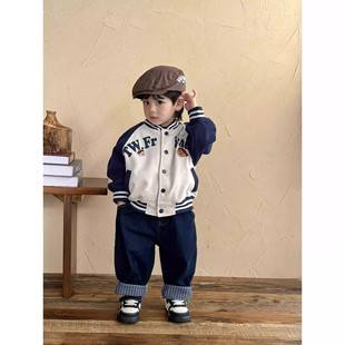 Children's Spring and Autumn Baseball Jacket for Boys 2025 New Spring and Autumn Style Toddler Bear Jacket Trendy Baby Letter Print Thickened Coat
