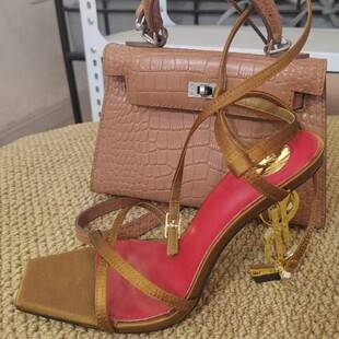 Xinhao Shoe Factory One-Word Buckle Strap Sandals for Women Summer 2025 New European and American Gold Letter Heel Sexy High Heels