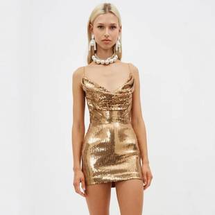 European and American Cross-border Sexy Hot Girl Golden V-neck Strap Backless Short Skirt Beaded Dress Nightclub Hot Skirt