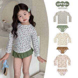 Ins-Style Cute Children's Two-Piece Swimsuit for Girls Aged 2-6, Long-Sleeve Sun-Protective Swimwear for Girls, Beach Swimwear
