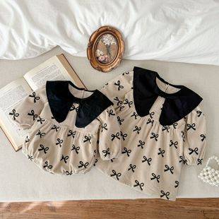 British Style Girls' Dress, New Spring, Autumn, and Winter Baby Romper with Bow Print and Long Sleeves for Girls