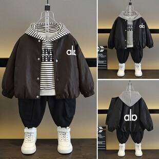 Boys' Spring and Autumn Leather Jacket Korean Style Children's Trendy Stylish Motorcycle Jacket Baby Two-Piece Set Wholesale