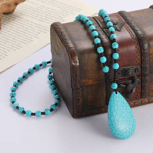 Cross-border Natural Orchid Turquoise Glass Bead Necklace Vintage Turquoise Water Drop Pendant Ethnic Jewelry Women Necklace
