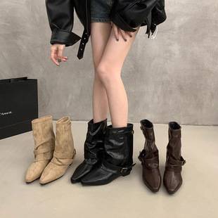 Wasteland-style retro buckle soft leather women's boots 2026 new model pointed toe elegant short boots mid-calf knight boots trendy