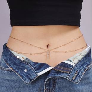 European and American Cross-Border Jewelry Fashion Street Style Round Bead Chain Layered Sexy Belly Chain for Women Hot-Selling Versatile Copper Bead Chain Waist Chain