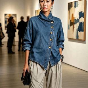 European and American retro asymmetrical denim jacket for women, featuring a unique stand-up collar, button closure, and a loose, washed denim style