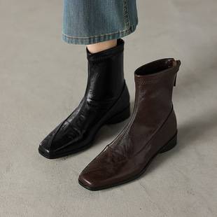 Sheepskin Short Boots for Women 2025 Autumn and Winter New Style Genuine Leather Elegant Square Toe Soft Sole Comfortable Flats Slim Boots for Women