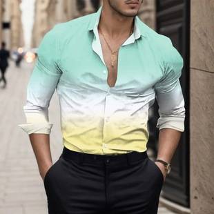 2025 Spring Trade Men's Gradient Color Digital Printing Casual Slim Lapel Long Sleeve Shirt Thin Men's Shirt