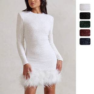 Amazon Independent Station European and American Women's Sexy Dress Long Sleeve Solid Color Sequin Feather dress Crewneck Women 8102