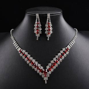 European and American Cross-border wine red Necklace suit Earrings Jewelry suit Fashion All-match Bride Rhinestone Jewelry Pendant