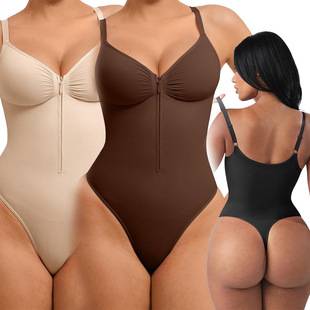 Women's tummy control shapewear with front zipper, seamless one-piece waist cincher, butt-lifting body shaper, large bust thong