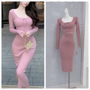 8316 Soft and cute dress for autumn and winter, pure and alluring, with square neckline, bow ties, hollow-out design, waist-cinching, body-hugging knit dress