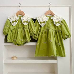New girls' dress Spring and Autumn long-sleeved baby romper butterfly collar baby girls' embroidered dress sisters clothing